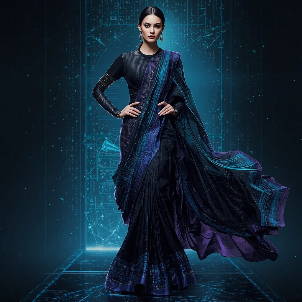 Quantum Silk Armor Saree with Holographic Data Collapse Field | Instagram Prompt For Traditional Look For Girl