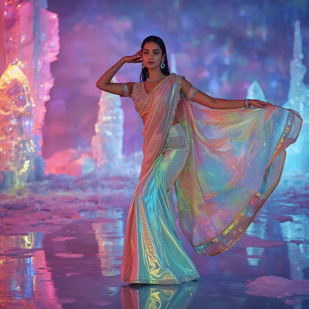 Rainbow Ice Aurora Saree – Heavy Festival Saree with Dance Pose and Frozen Aurora Reflection Palace Background | New Instagram Trend Prompt For Girl Attitude