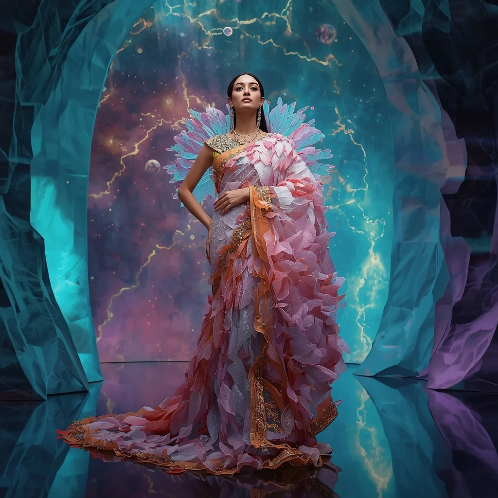 Reality Silk Fragment Bloom Saree with Dimensional Portal Universe | Ai Art Prompt