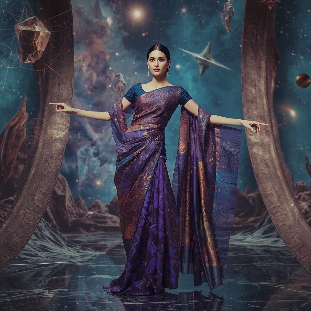 Reality Silk Fragment Infinity Saree with Dimensional Universe Portal | South Indian Prompt For Gemini Girl Instagram