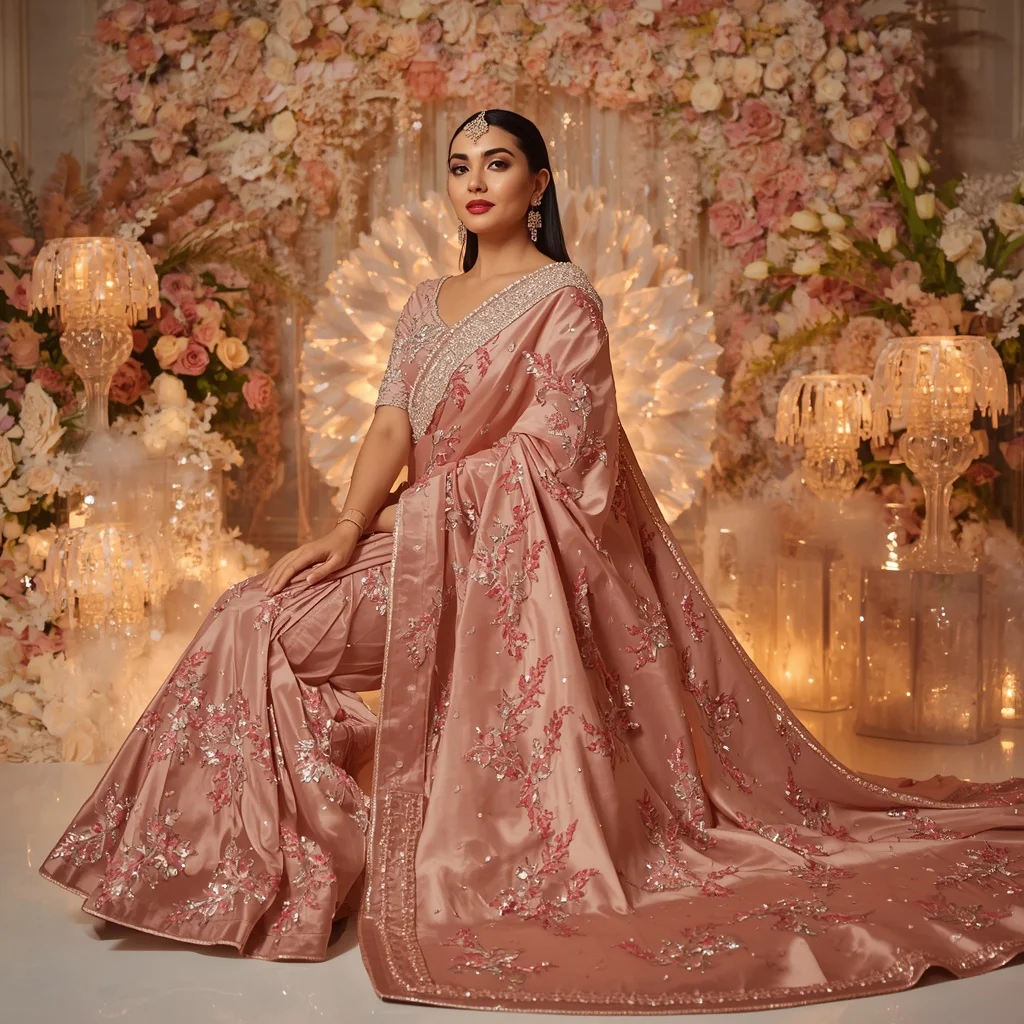 Rose Crystal Aurora Bloom Eclipse Saree – Glam Couture Saree with Sitting Royal Pose and Bloom Eclipse Ballroom Background | Image Prompt