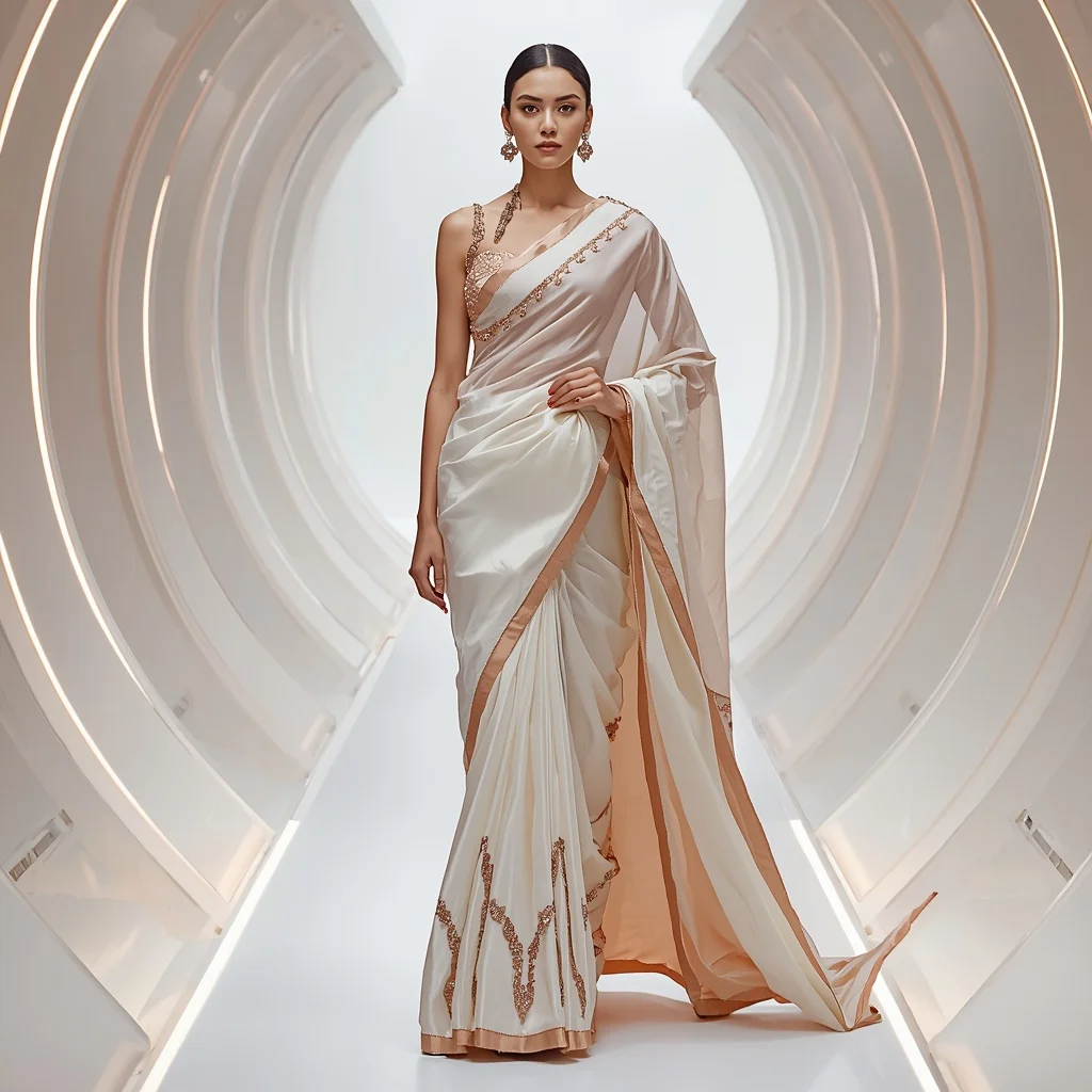 Rose Gold Crystal and White Geometric Saree in Light Pod | Female Model Ai Prompt