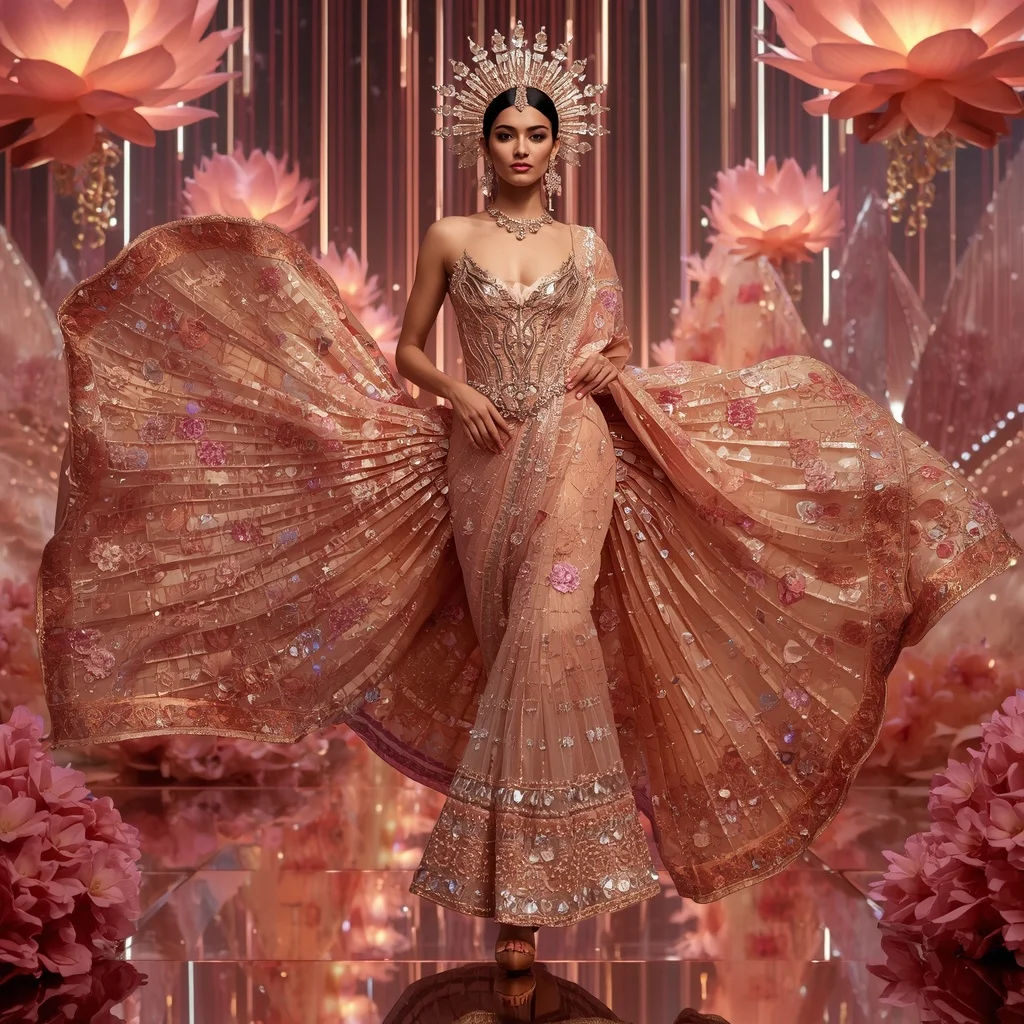 Rose Gold Crystal Lotus Saree with Floating Blossom Palaces and Aurora Garden Empire | Festival Prompt