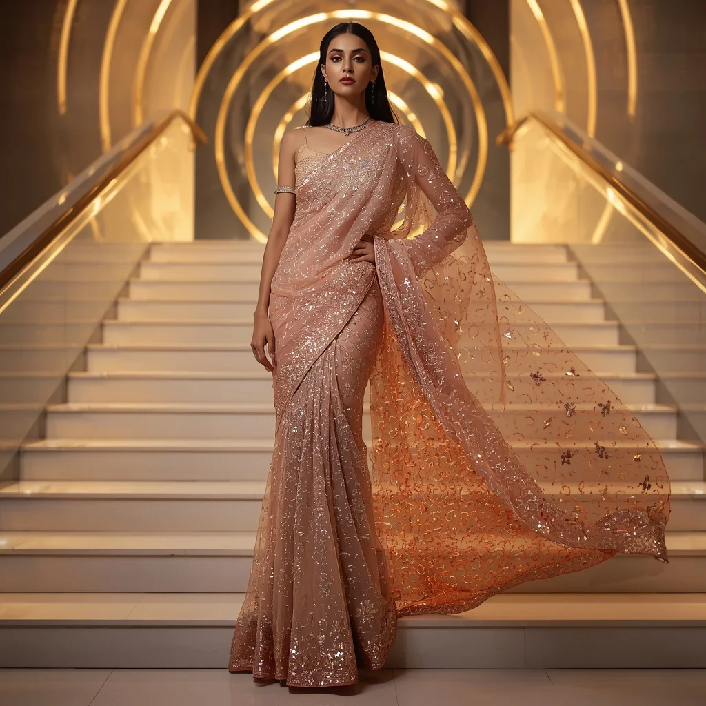 Rose Gold Infinity Quantum Flux Saree – Glamorous Couture Saree with Stair Flow Pose and Quantum Flux Hall Background | Festival Prompt