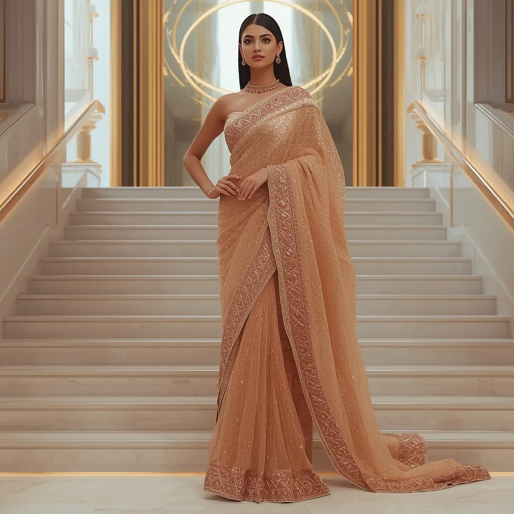 Rose Gold Infinity Quantum Surge Saree – Glamorous Couture Saree with Stair Flow Pose and Quantum Surge Hall Background | Cinematic Ai Prompt