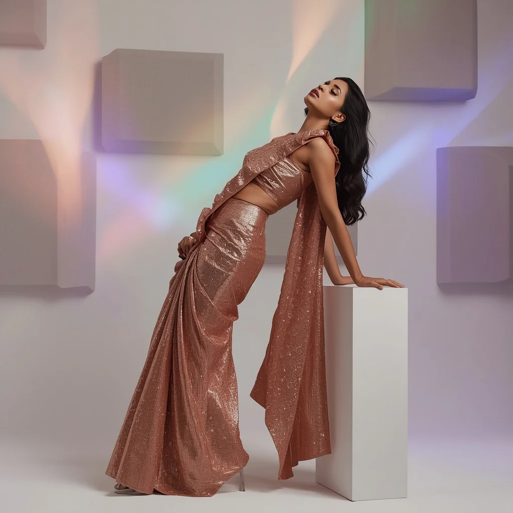 Rose Gold Liquid Sequin Saree with Structured Ruffle Pallu Design | Prompt Seen Girl Photo Editing ChatGPT