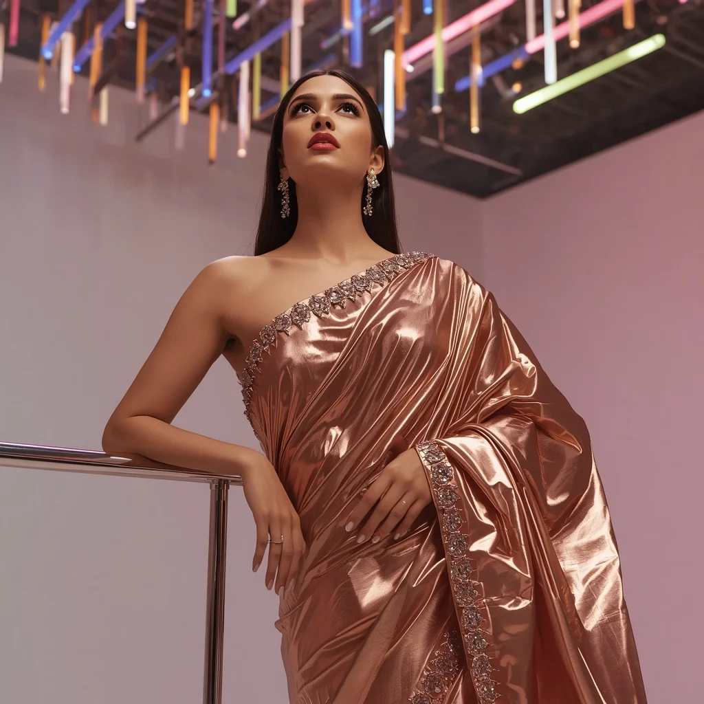 Rose Gold Metallic Foil Saree with Structural Avant-Garde Pleats | Ai Prompt For Instagram