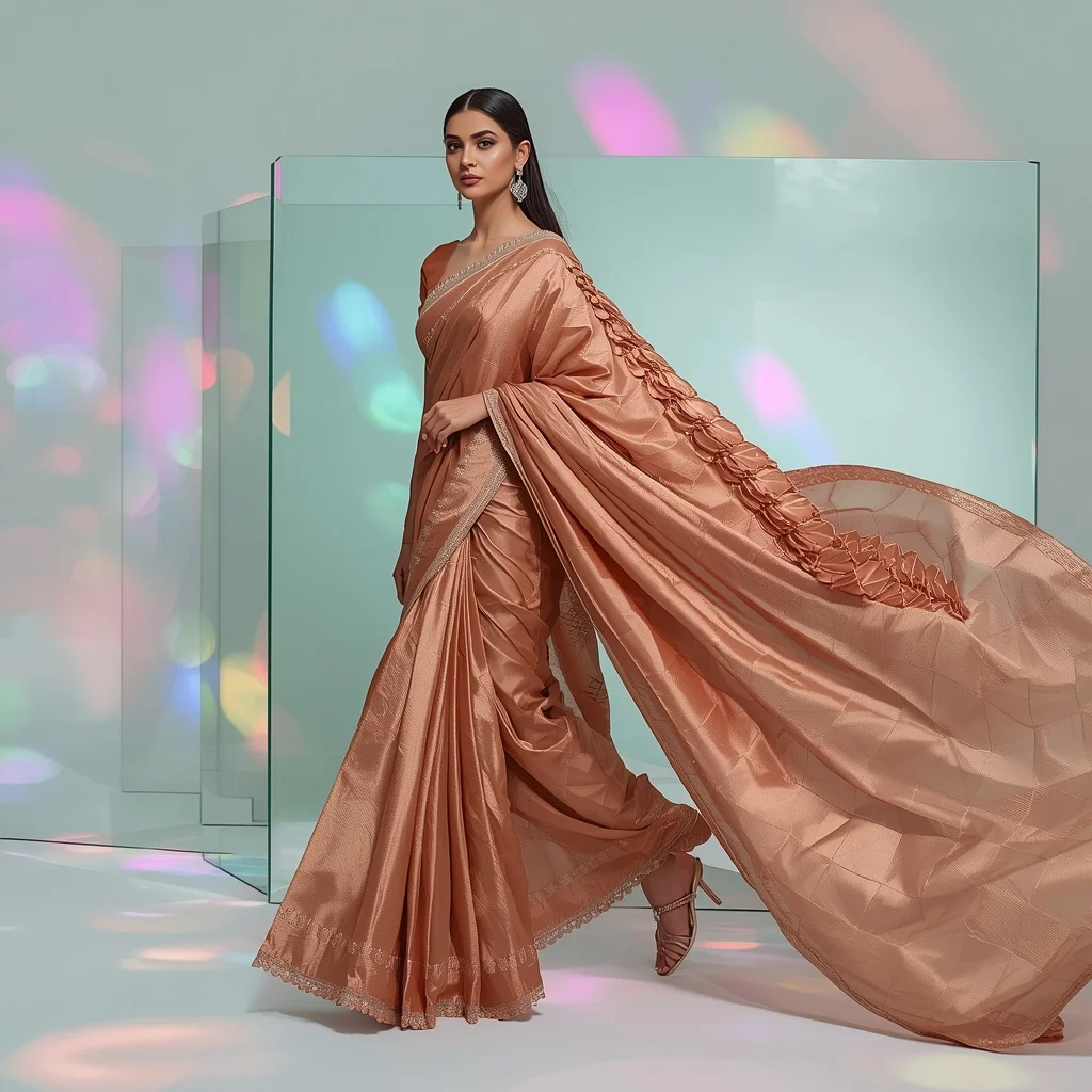 Rose Gold Metallic Tissue Saree with Sculpted Geometric Pallu | Prompt Seen Trending Girl