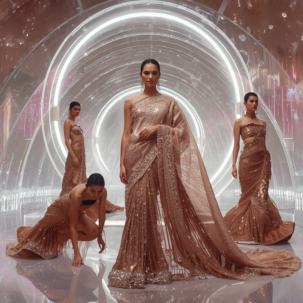 Rose Gold Mirage Saree with Floating Electric Crystal Orbit Gates | Easy Ai Prompt