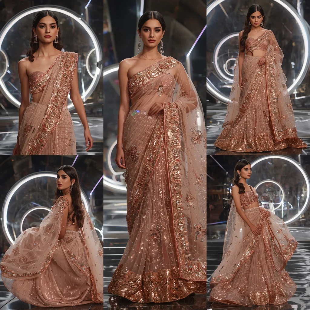 Rose Gold Mirage Saree with Floating Electric Orbit Sanctuaries | Sora Ai Prompt