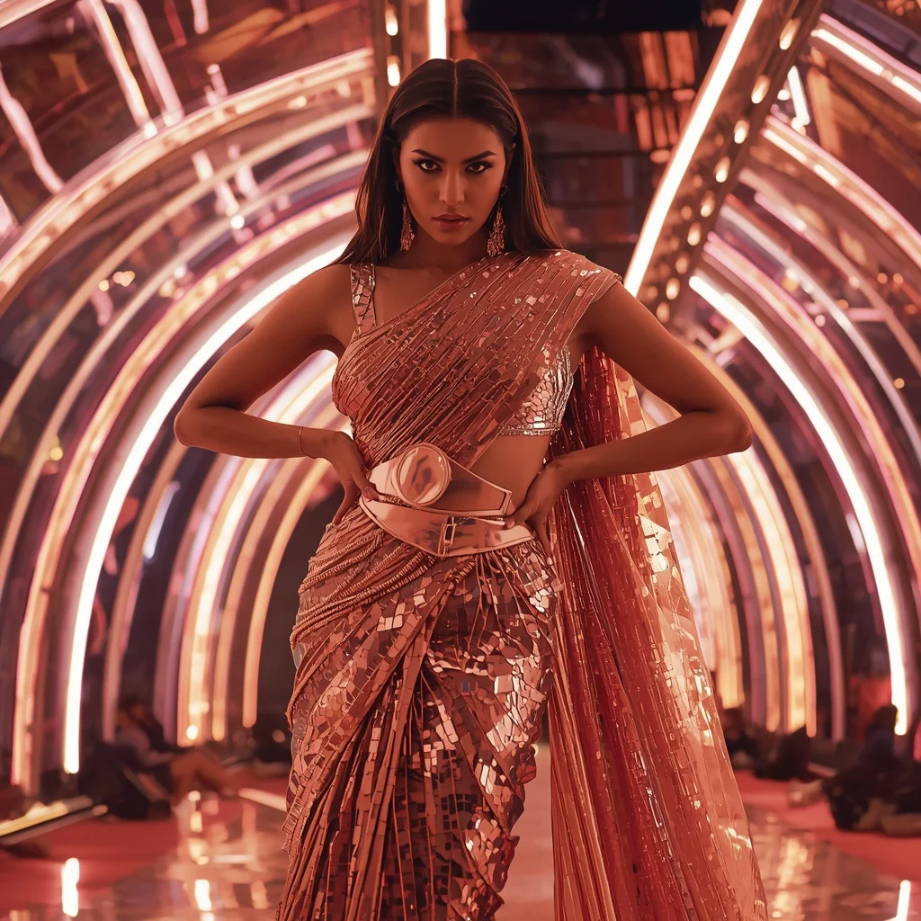 Rose Gold Shimmer and Shattered Mirror Saree in Neon Dome | Gemini Ai Photo