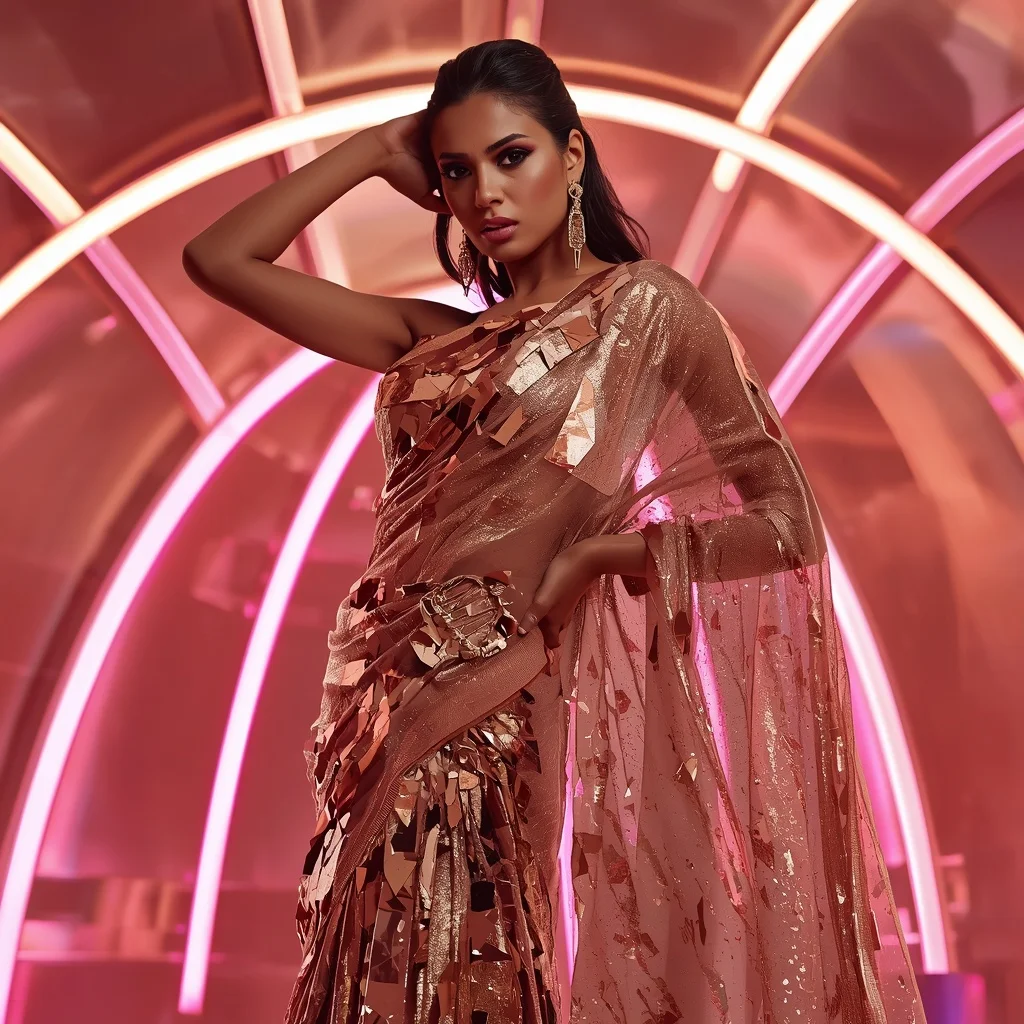 Rose Gold Shimmer and Shattered Mirror Saree with Neon Dome | Prompt Seen Girl Photo Editing Chatgpt Download