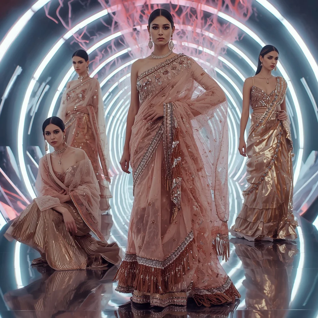 Rose Gold Thunder Saree with Floating Electric Orbit Corridors | Instagram Story Ai Prompt