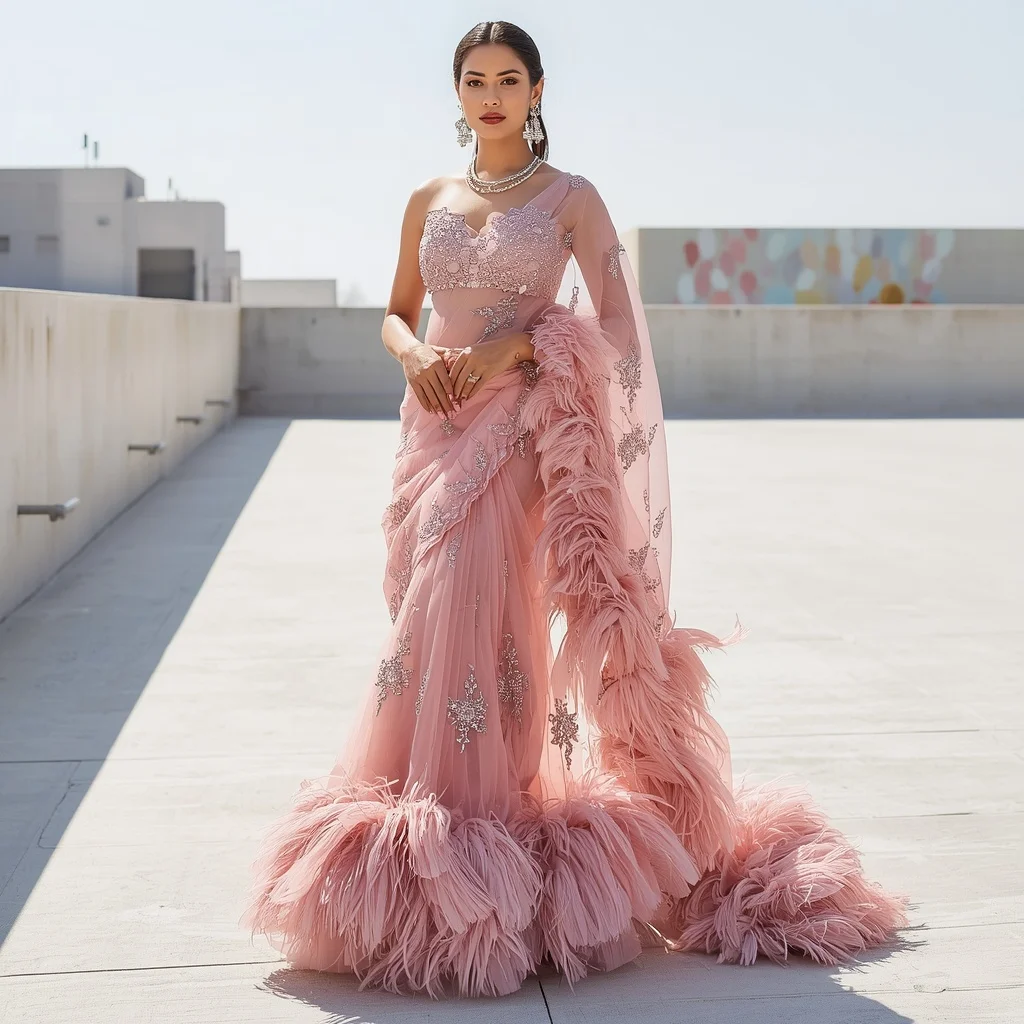 Rose Pink Organza Saree with Heavy Feather Border | Ideogram Ai Prompt