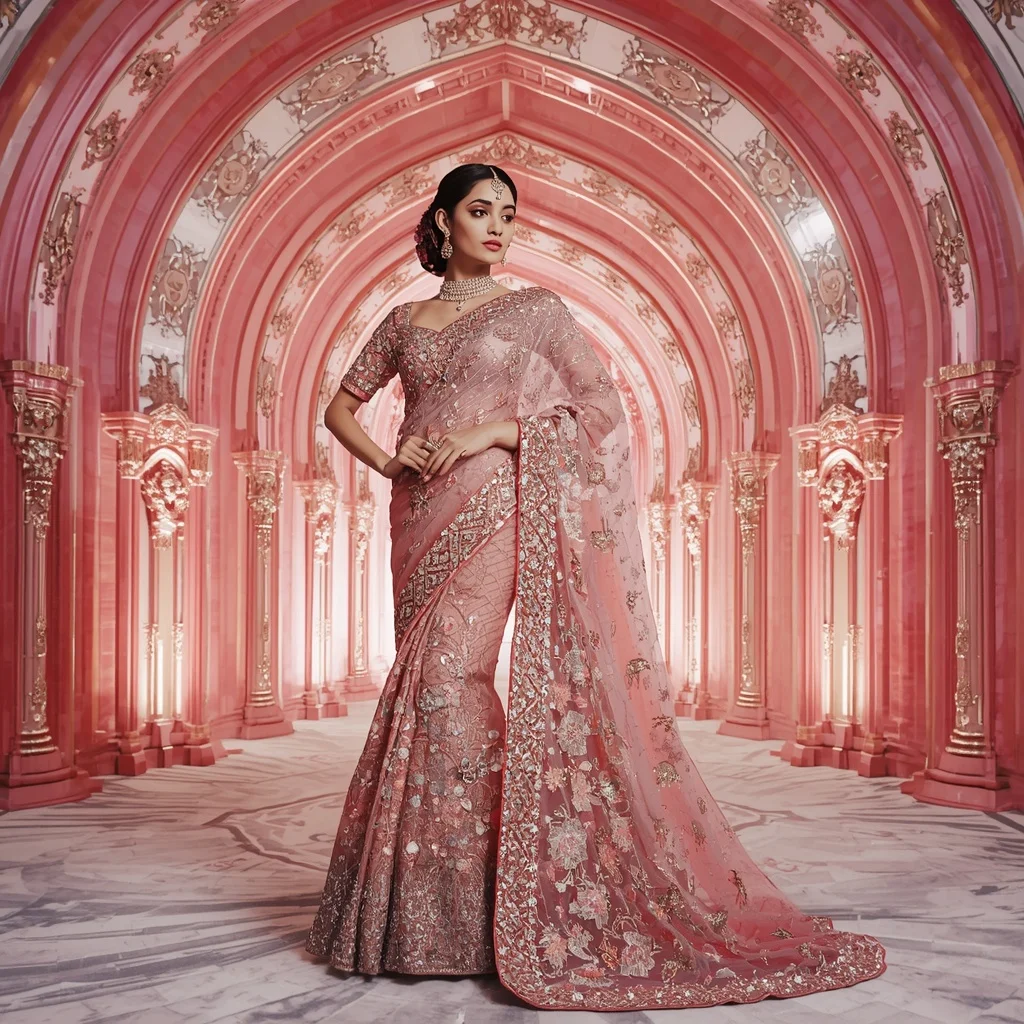 Rose Quartz Noor Dynasty Saree with Prism Velvet Royal Cathedral | Style Ai Prompt
