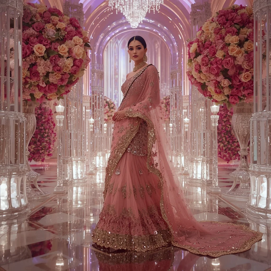 Rose Quartz Noor Queen Saree with Crystal Royal Universes and Infinity Cathedral Empire | Whatsapp Dp Ai Prompt