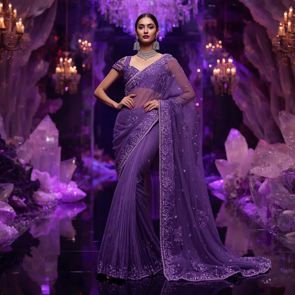 Royal Amethyst Galaxy Bloom Saree Couture with Violet Crystal Universe Garden Background | Instagram Post Ai Prompt