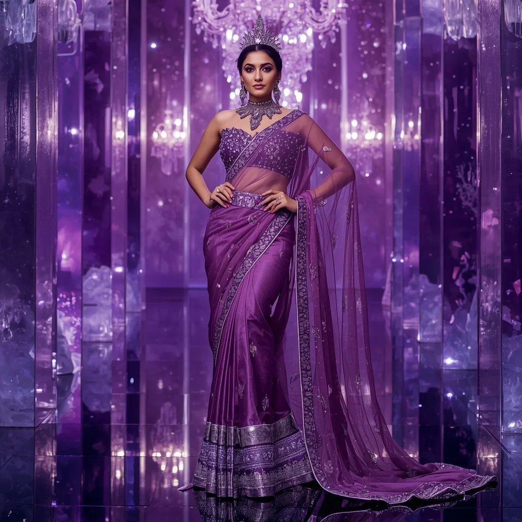 Royal Amethyst Nebula Crown Saree Couture with Violet Crystal Galaxy Palace Background | Travel Ai Prompt