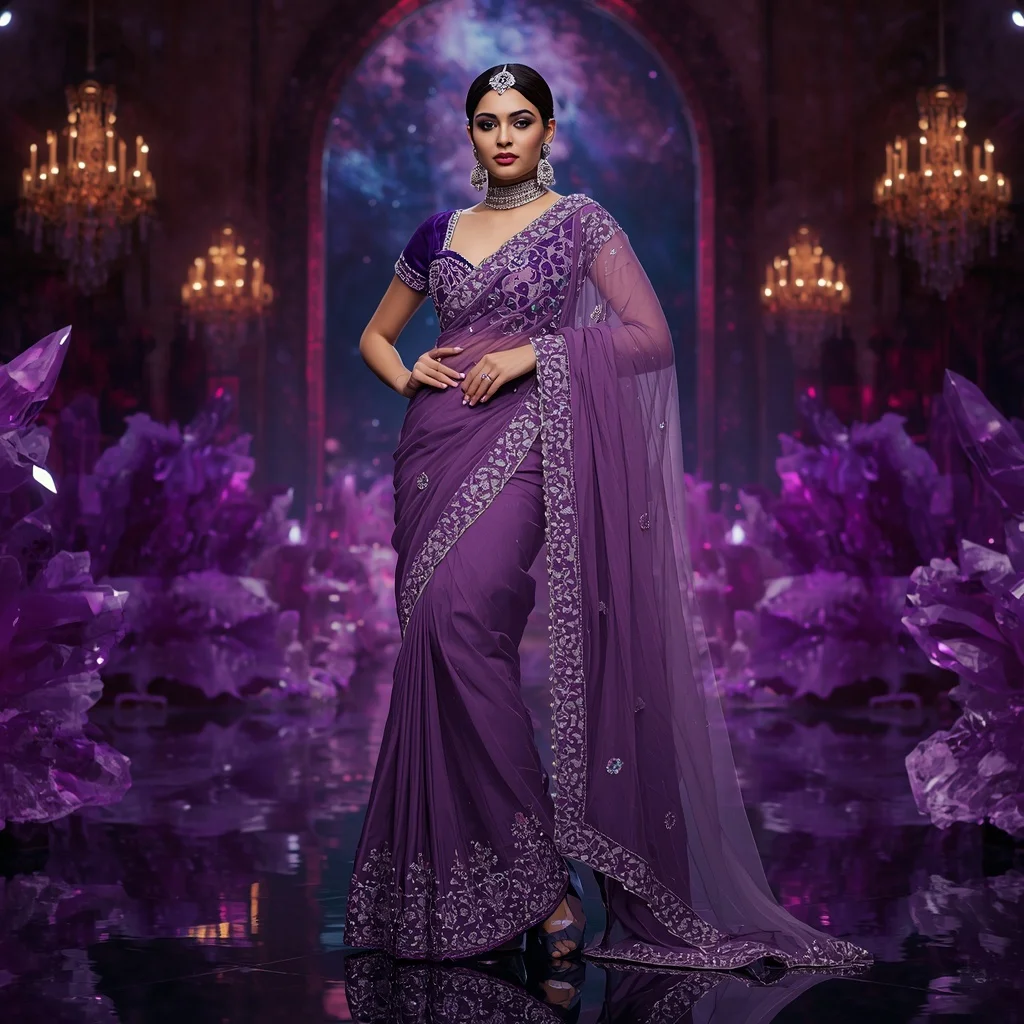 Royal Amethyst Nebula Queen Saree Couture with Violet Crystal Galaxy Citadel Background | Gemini Photo Editing Prompt