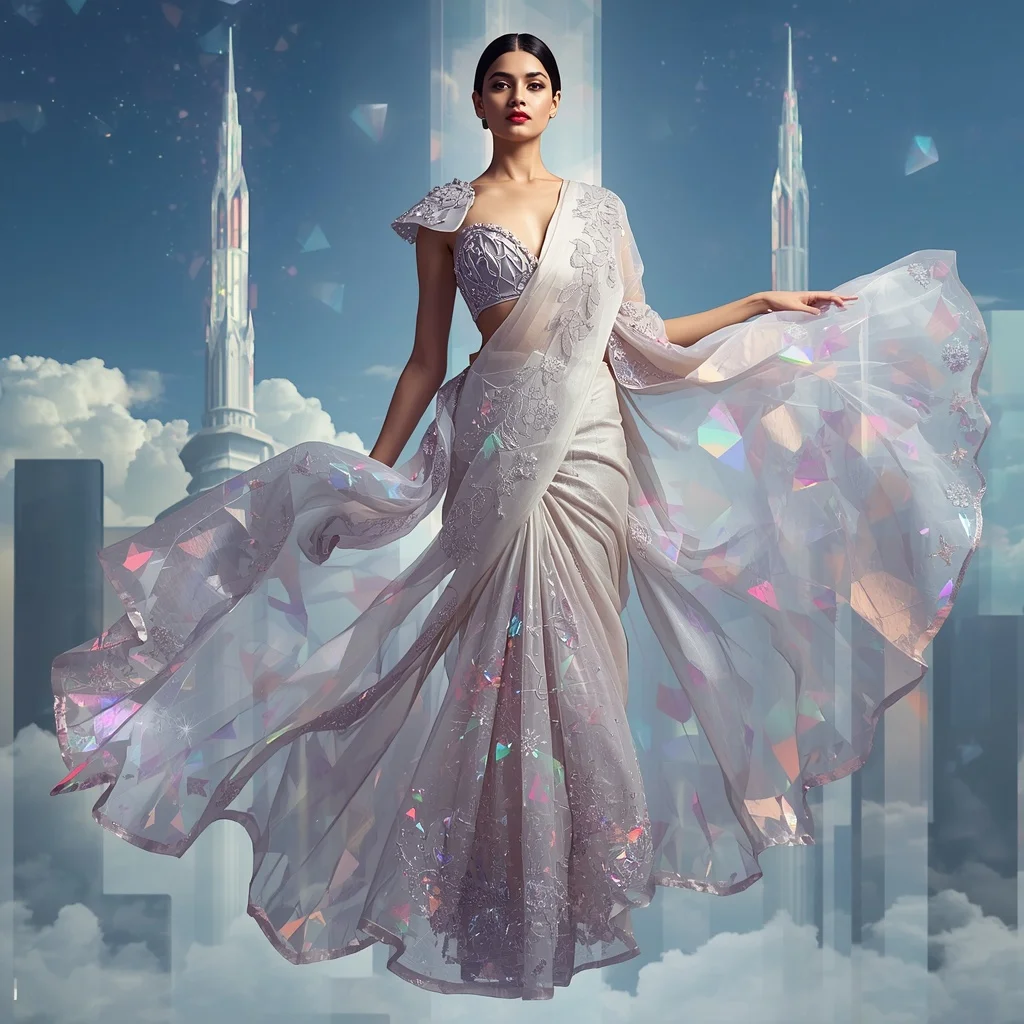 Royal Celestial Omni Prism Saree – Ultra Premium Festival Saree with Omni Float Pose and Prism Omni Sky Citadel Background | Prompt Seen Girl Photo Editing Trending