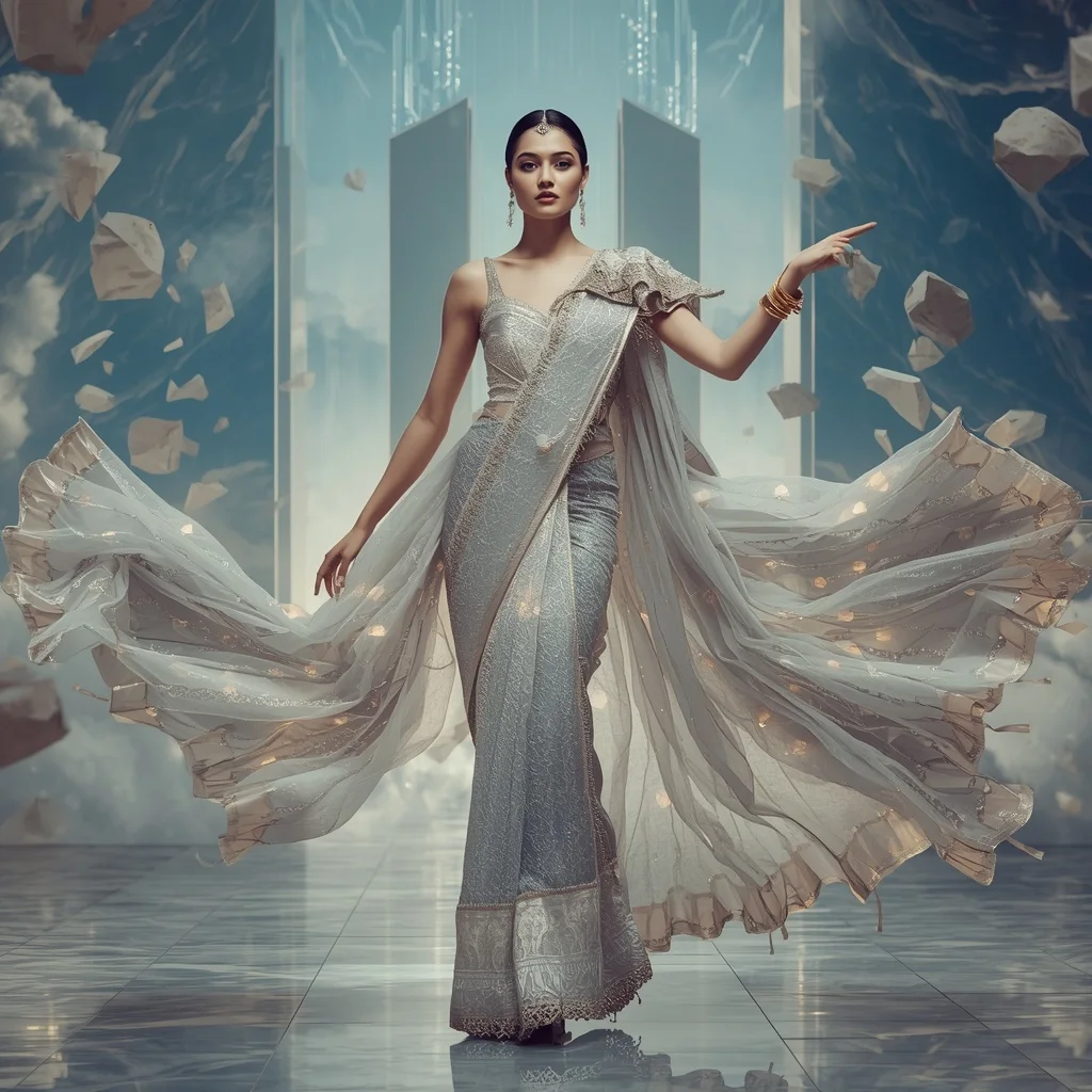 Royal Celestial Zenith Matrix Saree – Ultra Premium Festival Saree with Zenith Matrix Float Pose and Crystal Matrix Sky Palace Background | Trending Prompt Girls Instagram