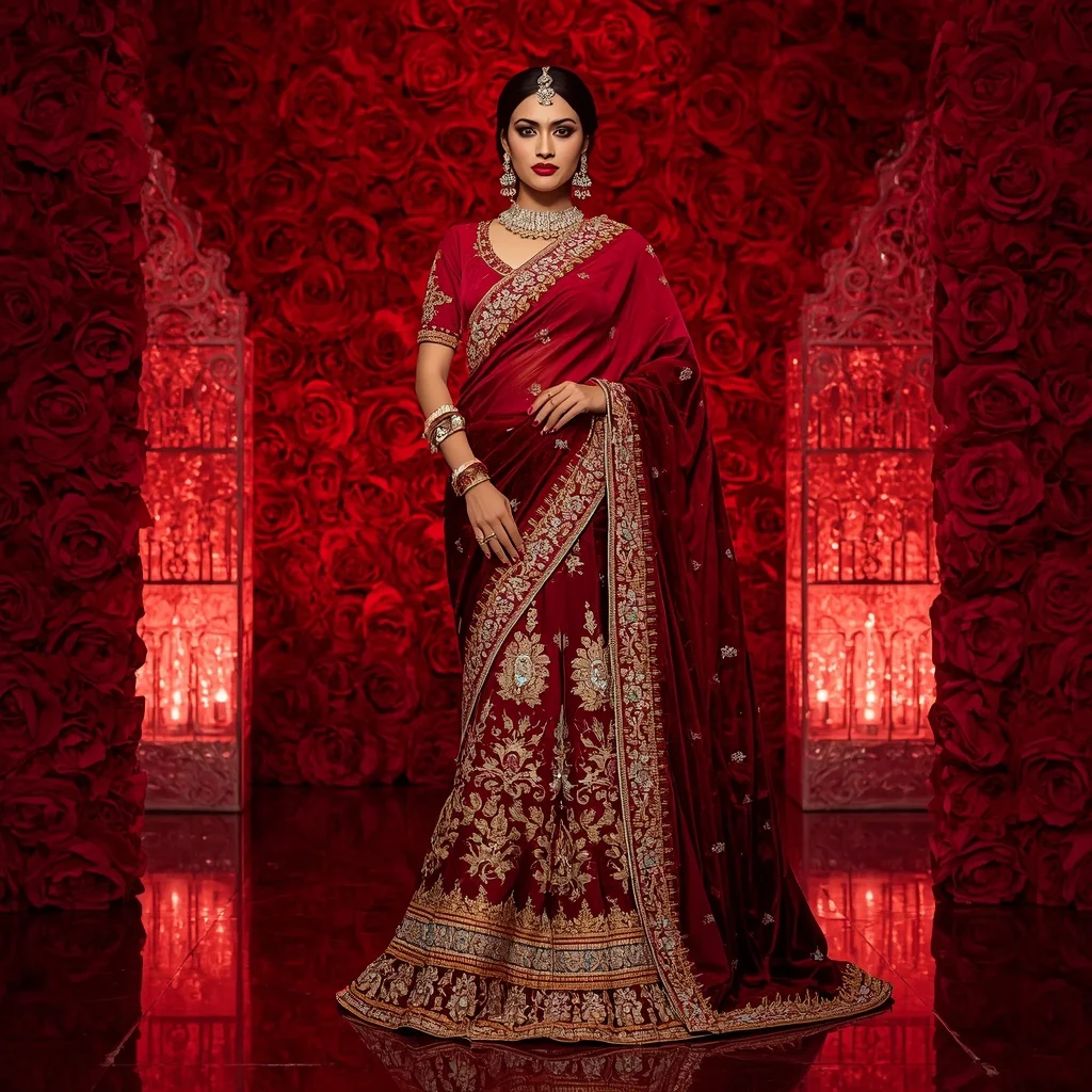 Royal Crimson Rose Empress Saree Fashion with Ruby Floral Fortress Background | Gemini Prompt