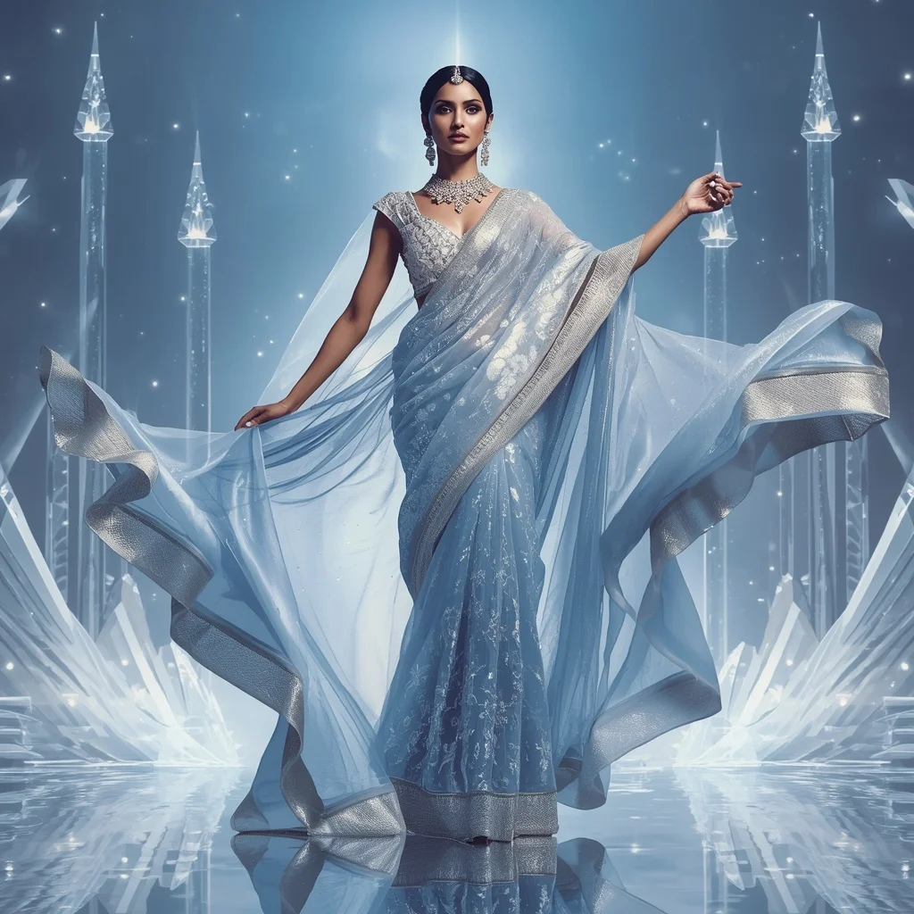 Royal Crystal Zenith Saree – Ultra Premium Festival Saree with Floating Zenith Pose and Crystal Zenith Sky Palace Background | Gemini Ai Photo Prompt