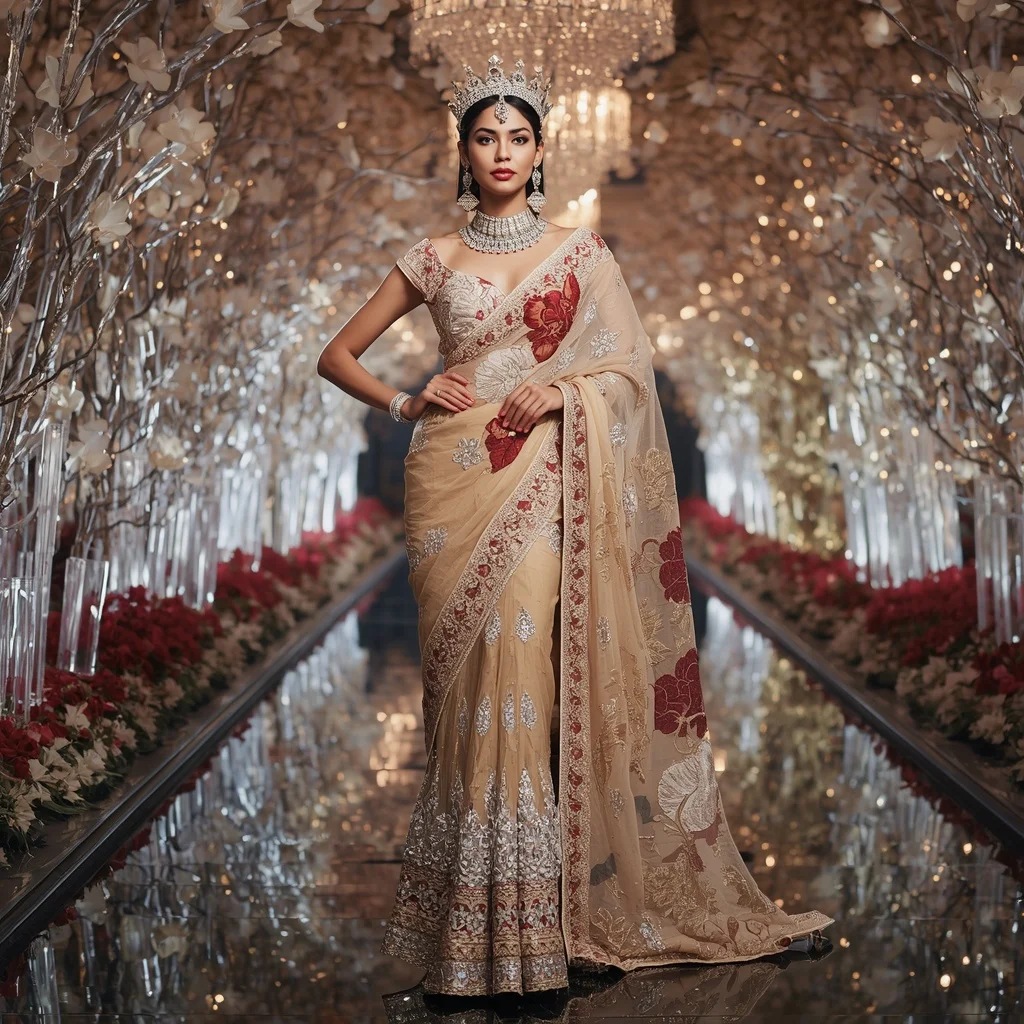 Royal Diamond Lily Crown Saree Fashion with Luxury Crystal Blossom Empire Background | Fantasy Ai Prompt