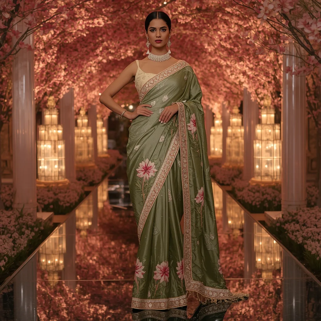 Royal Diamond Water Lily Saree with Luxury Crystal Blossom Pavilion Background | Ai Art Prompt