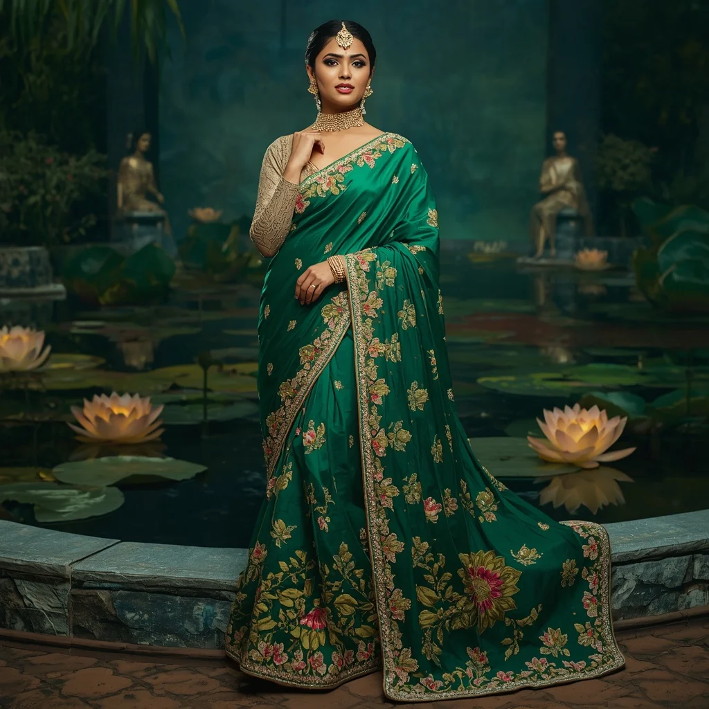 Royal Emerald Lotus Garden Maharani Saree Fashion with Floating Crystal Pond Background | Prompt Engineering