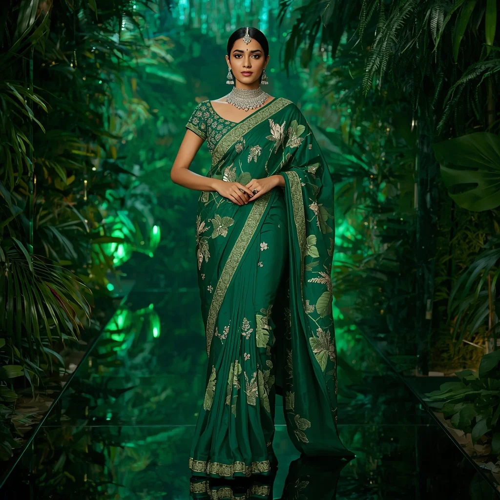Royal Emerald Rainforest Goddess Saree Fashion with Luxury Crystal Jungle Walkway Background | Travel Ai Prompt