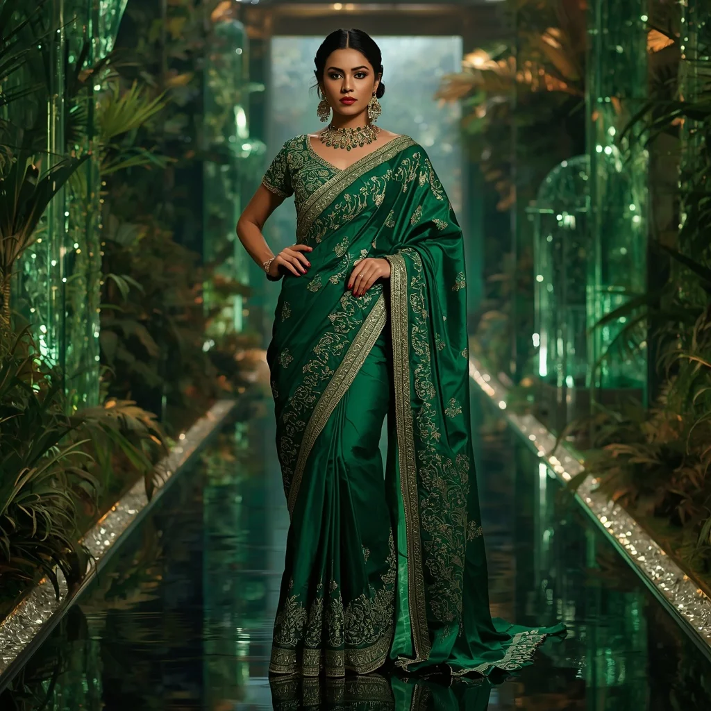Royal Emerald Serpent Garden Saree Fashion with Crystal Jungle Palace Background | Instagram Story Ai Prompt