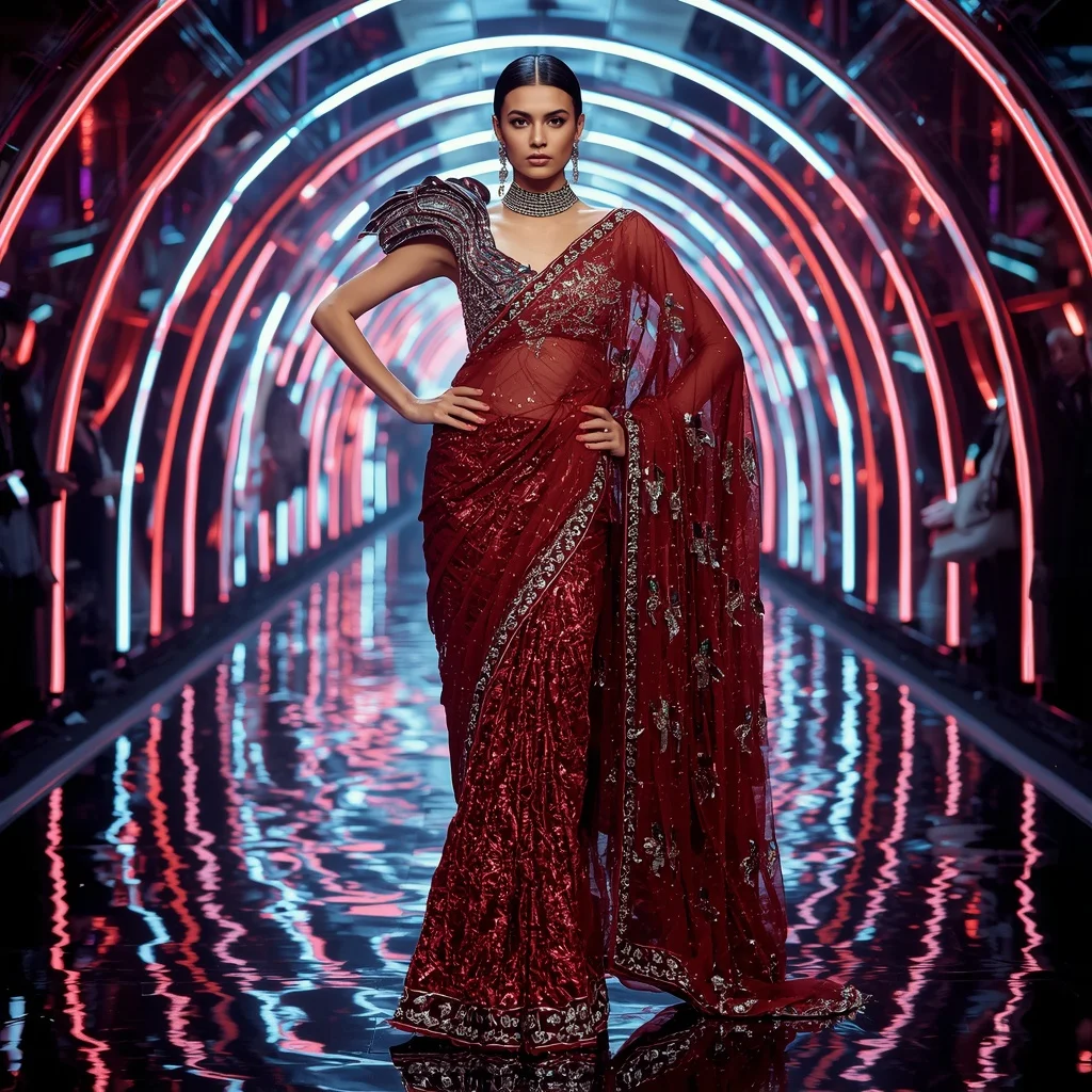 Royal Ruby Eclipse Empress Saree with Neon Arc Reflection Tunnel | Fitness Model Ai Prompt
