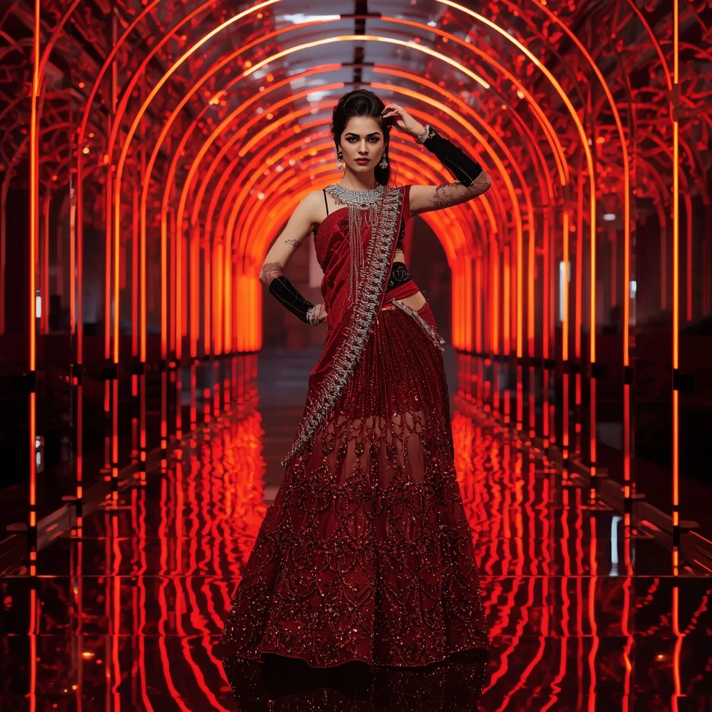 Royal Ruby Eclipse Fantasy Saree with Neon Arc Reflection Hall | Prompt Seen Girl Photo Editing Chatgpt Aesthetic