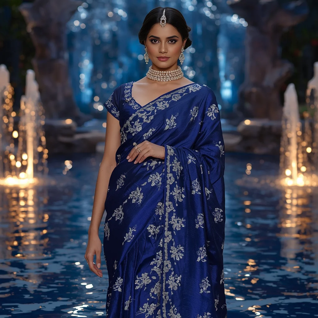 Royal Sapphire Ocean Blossom Saree Fashion with Crystal Lagoon Garden Background | Style Ai Prompt