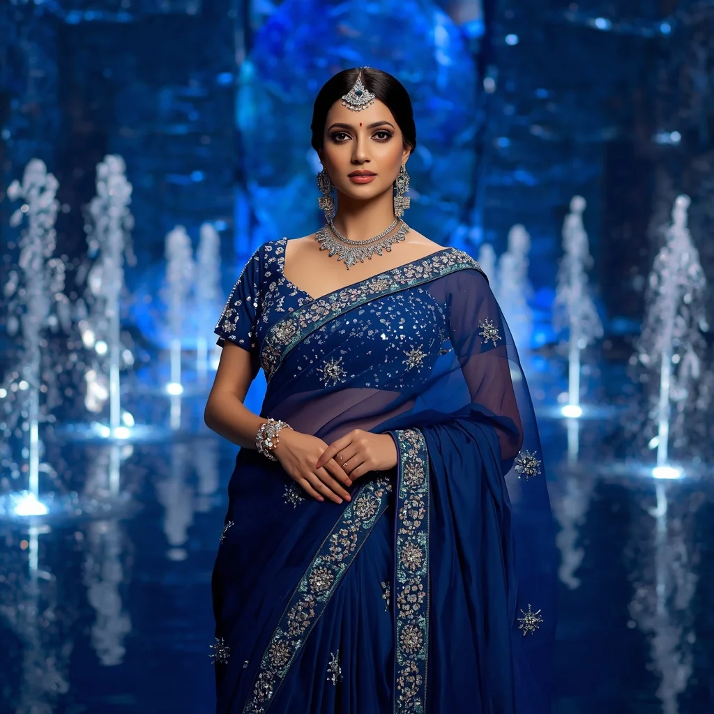 Royal Sapphire Ocean Jewel Saree Fashion with Crystal Waterfall Palace Background | Ideogram Ai Prompt