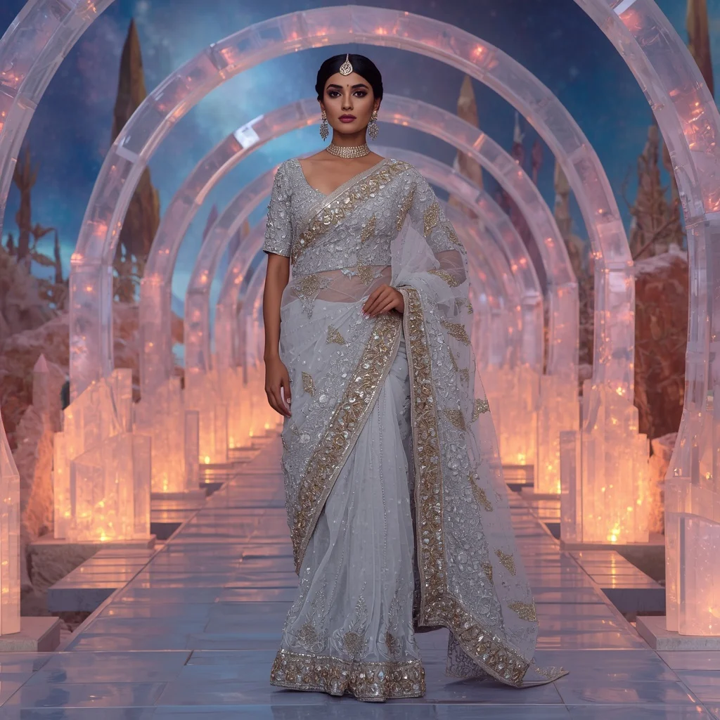 Royal Silver Aurora Queen Saree Couture with Celestial Crystal Skywalk Background | 3d Animation Ai Prompt
