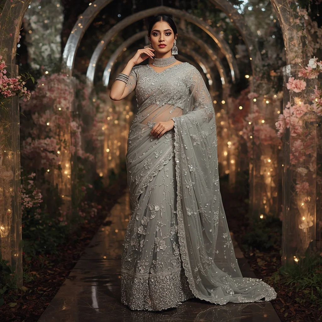 Royal Silver Celestial Bloom Saree Couture with Starlight Crystal Garden Background | Prompt For Traditional Look For Girl