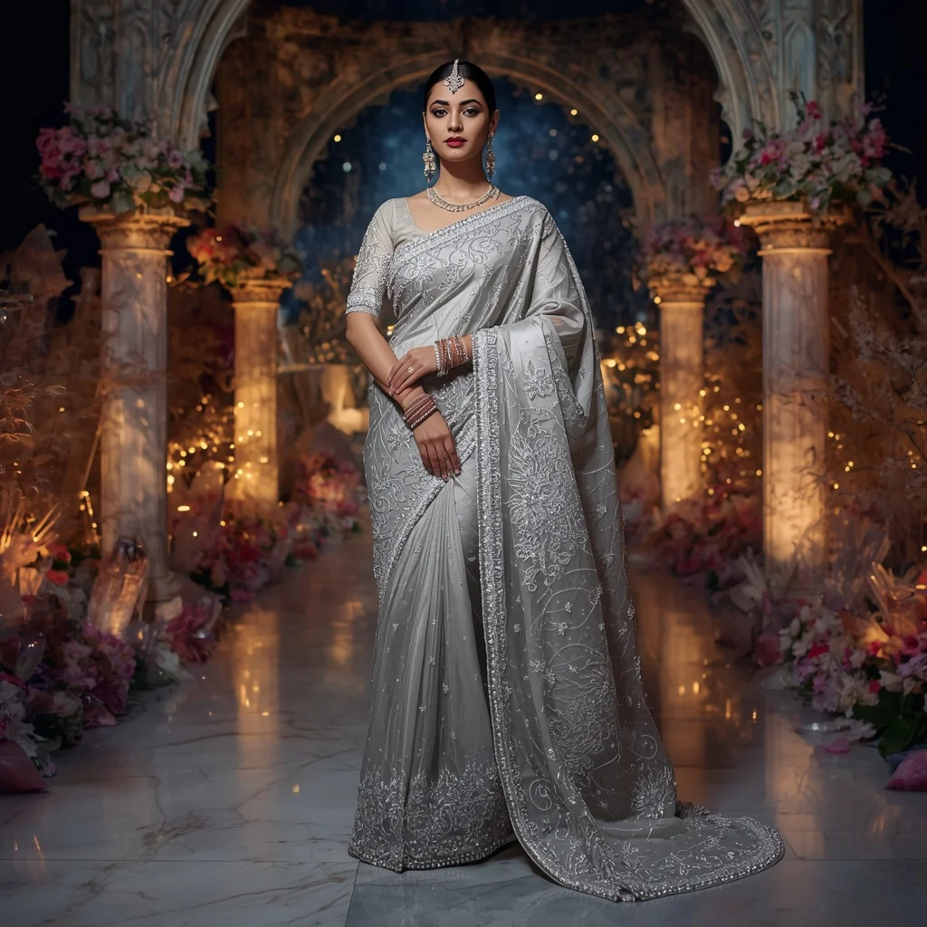 Royal Silver Starlight Empress Saree Couture with Celestial Crystal Terrace Background | Google Prompt