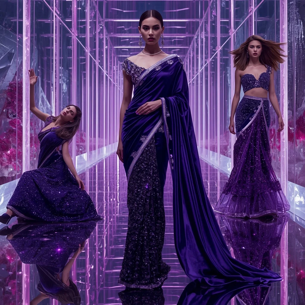 Royal Velvet Diamond Majesty Saree with Infinite Crystal Corridors | Pre Wedding Ai Prompt