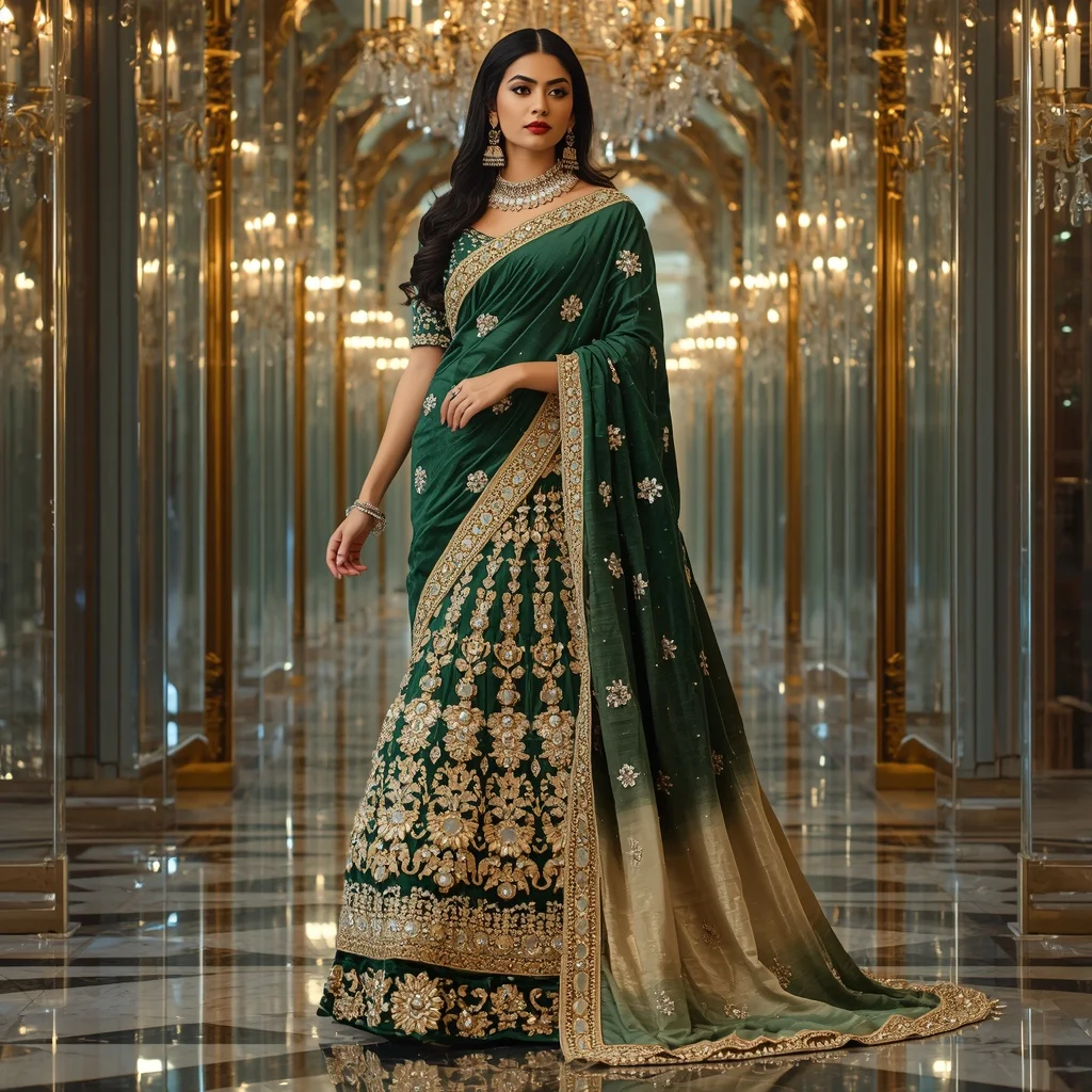 Royal Velvet Emerald Crown Palace Saree with Crystal Maharani Empire | Romantic Ai Prompt