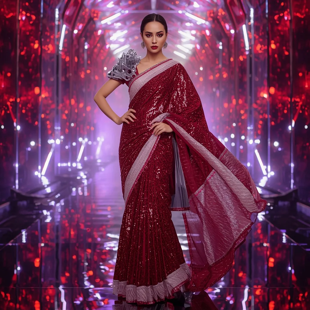 Ruby Aurora Velocity Saree with Infinite Prism Reflection Galaxy Infinity Tunnel | Ai Art Prompt