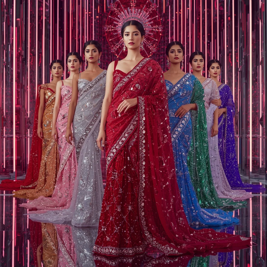 Ruby Crystal Celestial Infinity Queen Saree with Endless Glamour Poses and Holographic Mirror Quantum Crystal Hyperpalace | Profile Picture Ai Prompt