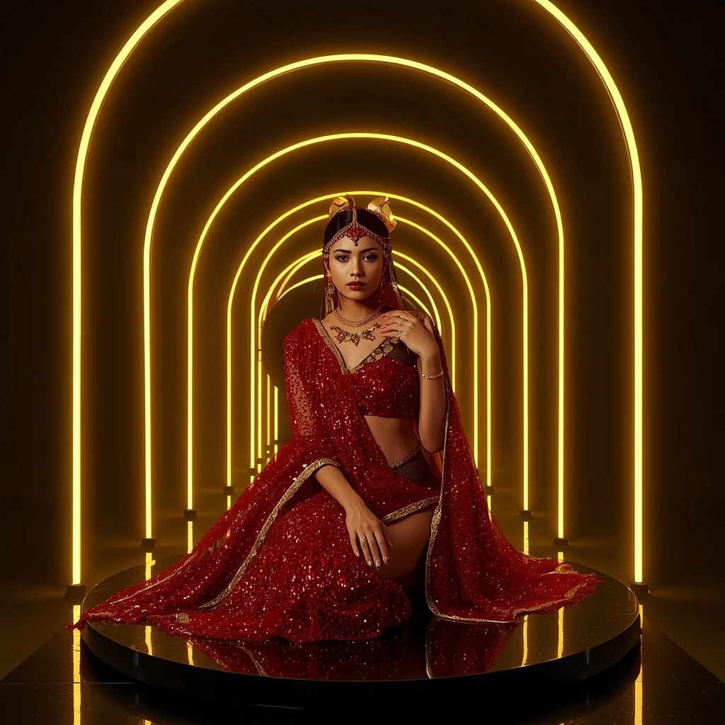 Ruby Crystal-Mesh Saree – Seated Sphinx Pose with Neon Yellow Arches | Ai Video Generator Prompt