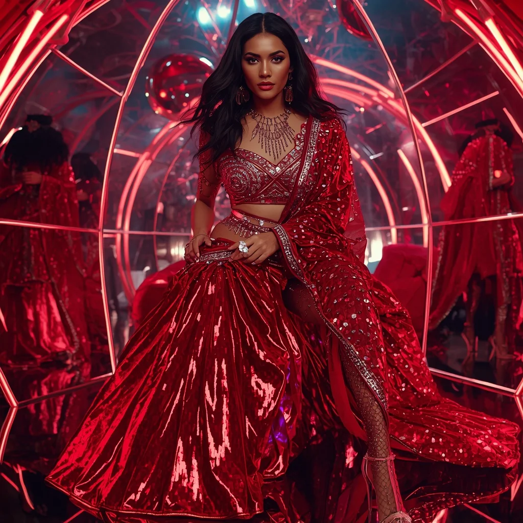 Ruby Crystal Royale Saree with Neon Reflection Dome | Best Prompt Ai For Girl
