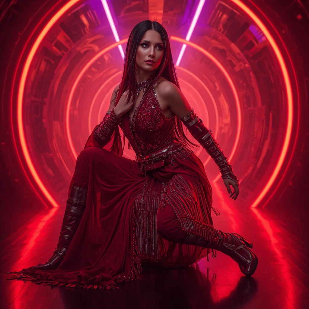 Ruby Eclipse Singularity Apex Infinity Armor Saree with Neon Ribbon Quantum Tunnel Vault Core Collapse Nexus Field | Trending Girl Photo Prompt