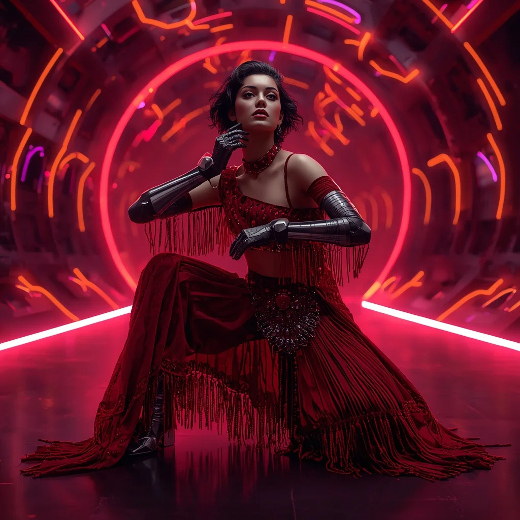 Ruby Eclipse Singularity Armor Saree with Neon Ribbon Quantum Tunnel Engine Vault Core Collapse Nexus Field System | Prompt For Gemini Ai Girl Model Instagram