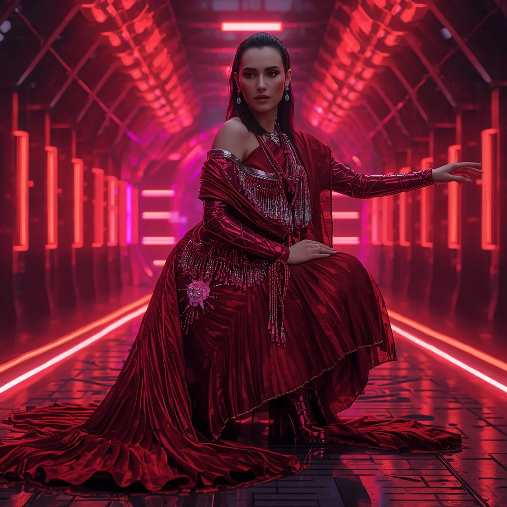 Ruby Eclipse Singularity Infinity Armor Saree with Neon Ribbon Quantum Tunnel Engine Vault Collapse Nexus Field | Ai Photo Editing Prompt