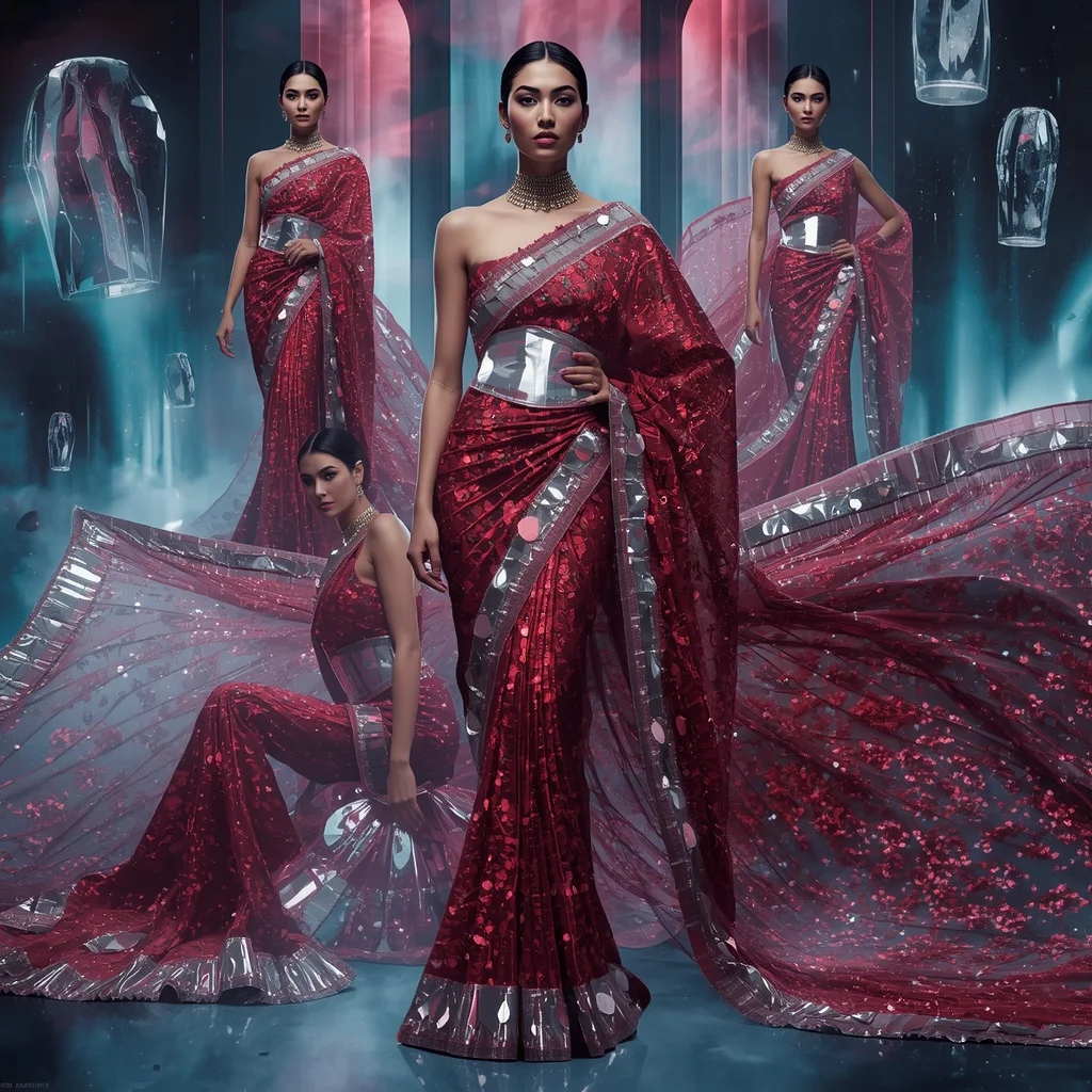 Ruby Ice Symphony Saree with Floating Aurora Cathedrals | Secret Ai Prompt