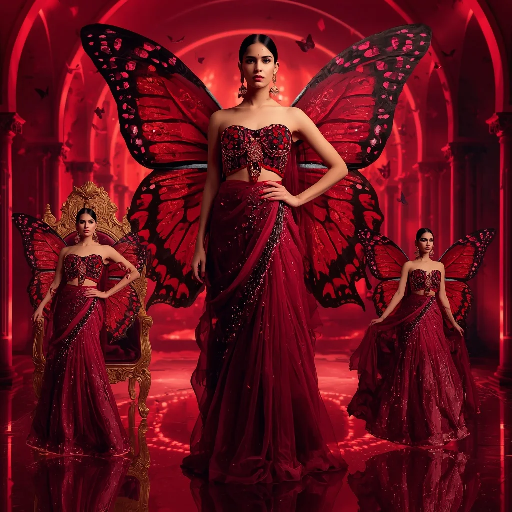 Ruby Mirage Butterfly Saree with Multiple Couture Poses and Crimson Fantasy Background | Gemini Ai Photo Prompt